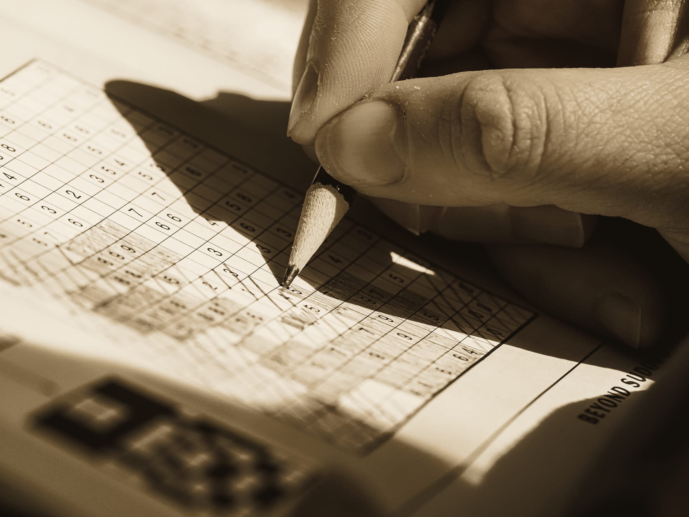 Close-up of a hand making a pencil mark on a gridded chart.